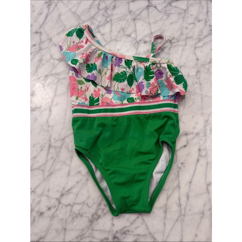 Janie and Jack Sz 12/18 Mo Green Floral One-Shoulder Swimsuit